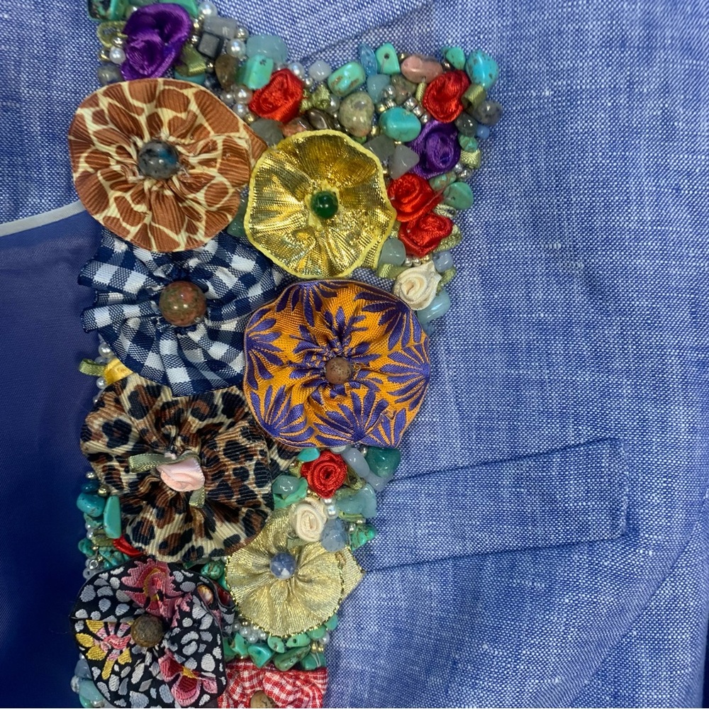 Talbots 100% Linen Embellished Appliqué Detail Lapels Stones Beading Roses - Picture 3 of 11